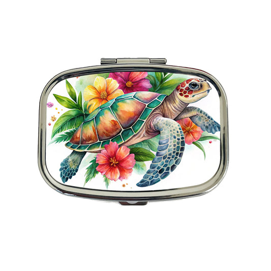 Tropical Sea Turtle Hibiscus Floral Watercolor Travel Pill Box Case