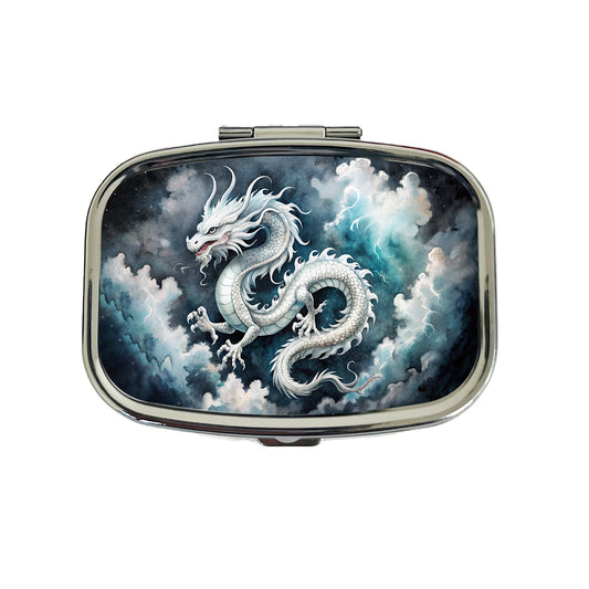 White Asian Dragon On Black Watercolor Travel Pill Box Case