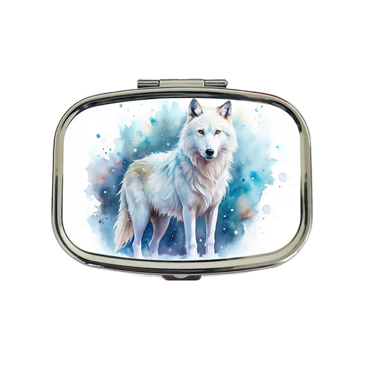 White Wolf Watercolor Travel Pill Box Case