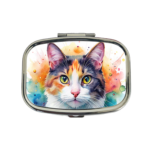 Calico Cat Watercolor Style Travel Pill Box Case