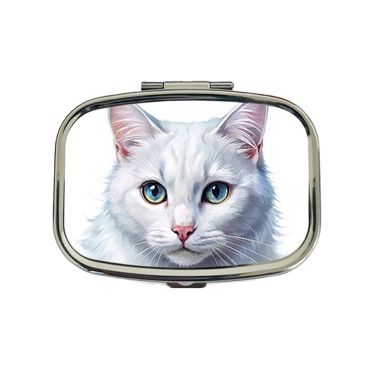 White Cat Illustration Travel Pill Box Case