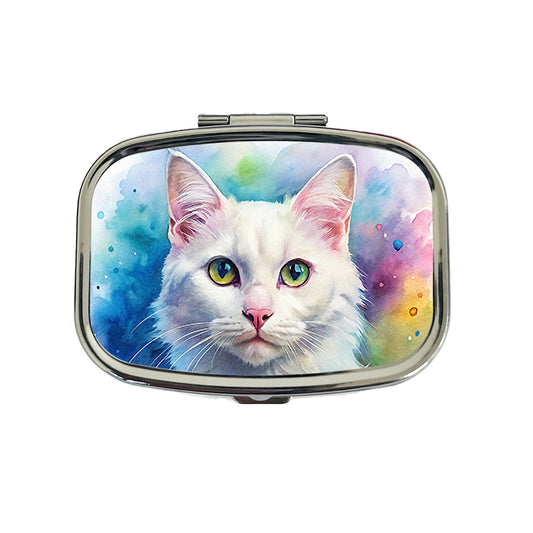 White Cat Watercolor Style Travel Pill Box Case
