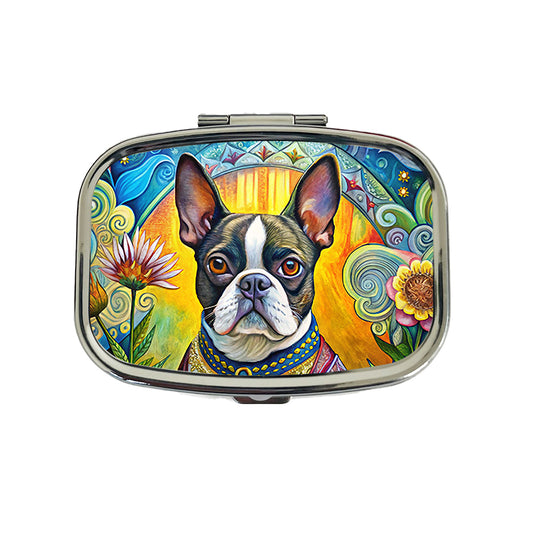 Boston Terrier Dog French Bohemian Art Travel Pill Box Case