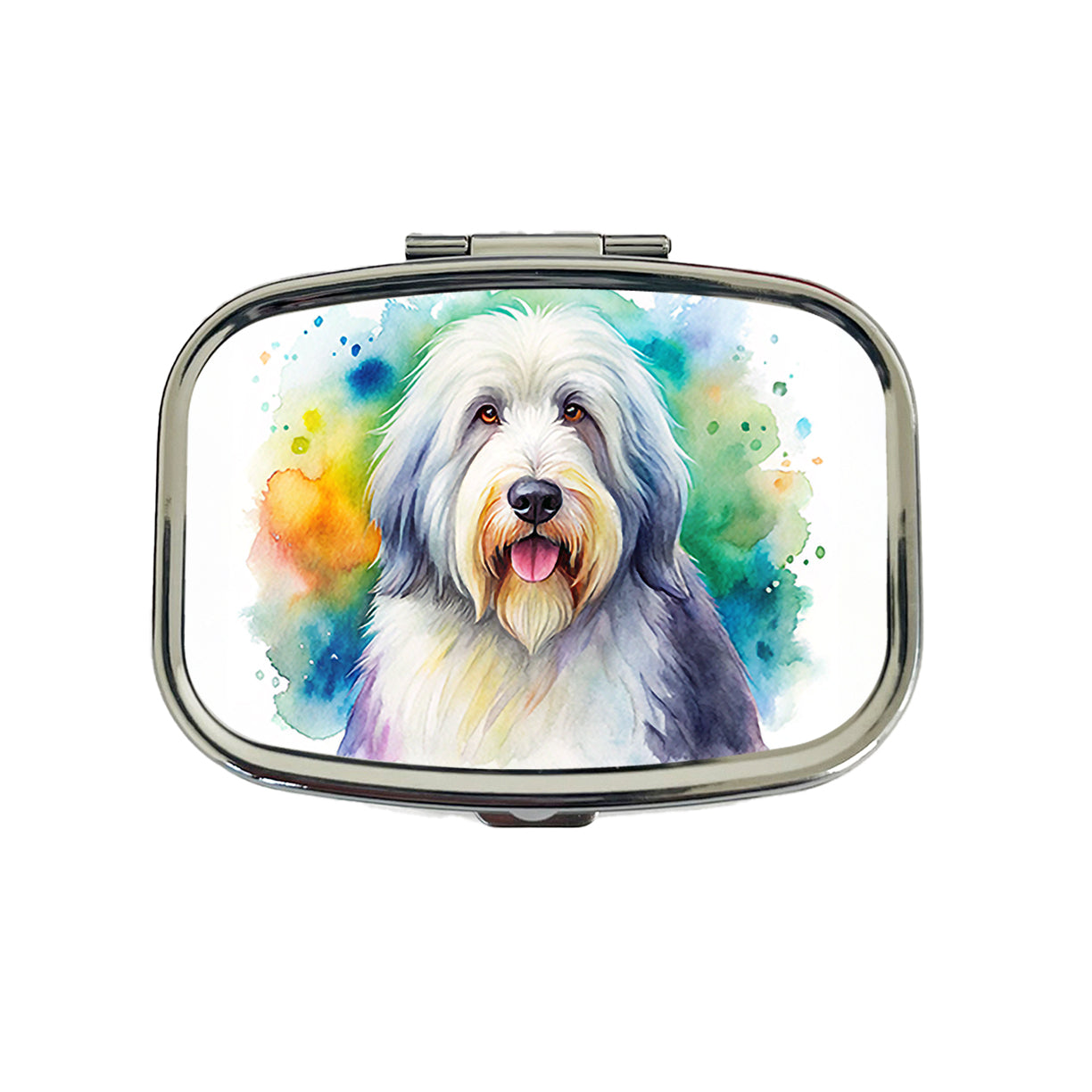 Old English Sheepdog Dog Watercolor Style Travel Pill Box Case