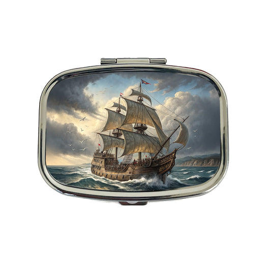 18th Century Privateer Sailing Ship At Sea Age of Sail Travel Pill Box Case