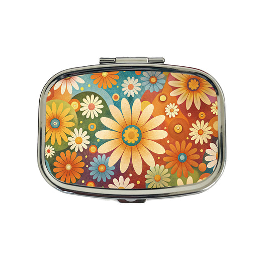 70's Retro Groovy Hippie Daisies Floral Design Travel Pill Box Case