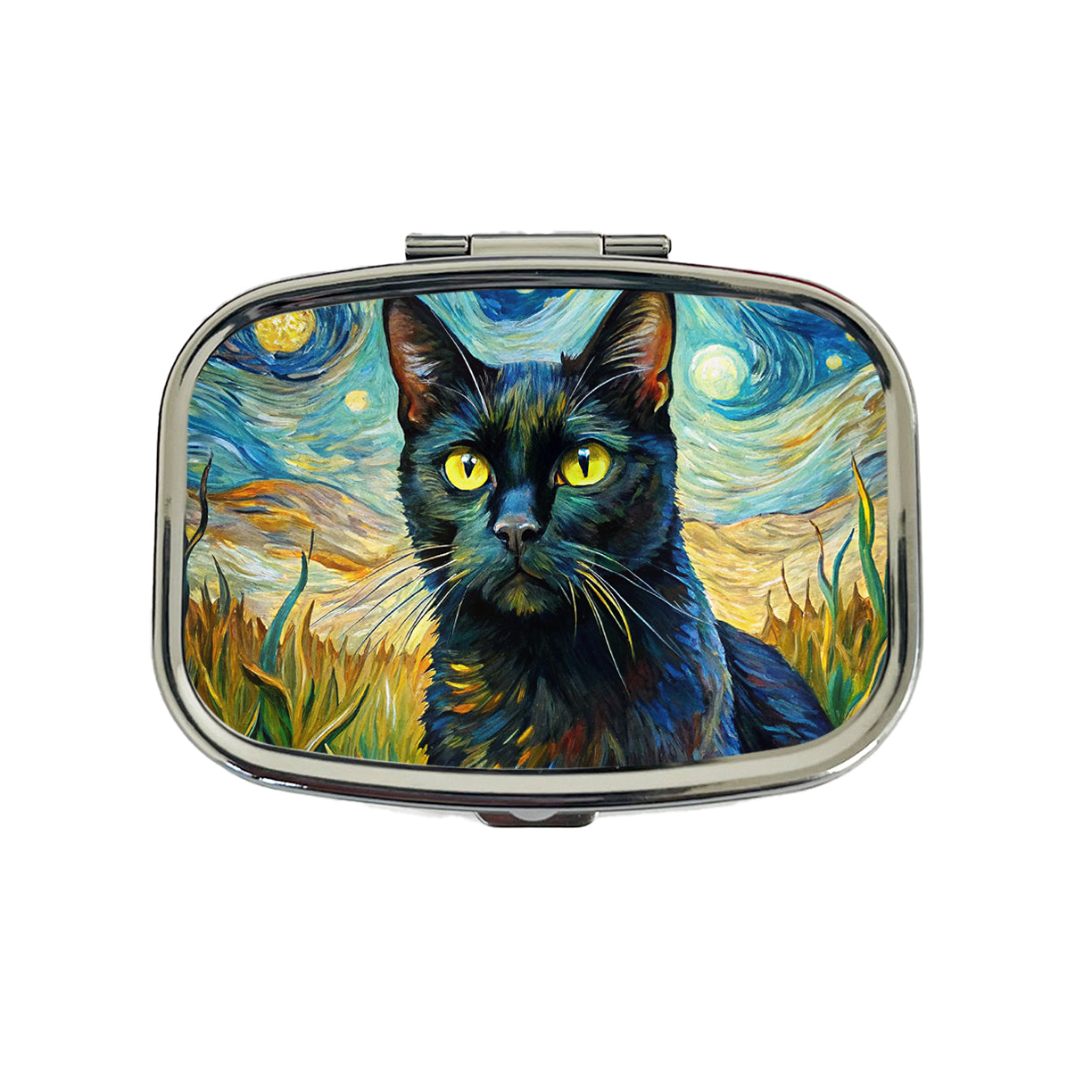Black Cat Van Gogh Style Painting Travel Pill Box Case