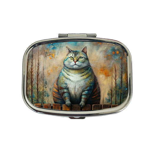 Fat Chunky Alley Cat Sitting On Fence Abstract Art Travel Pill Box Case