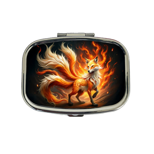 Flaming Fire Fox Kitsune Spirit Animal Travel Pill Box Case