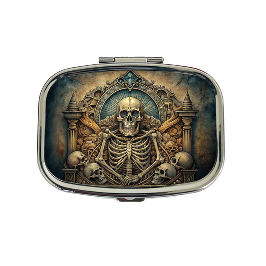 Gothic Ancient Skull Skeleton Bones Illustration Travel Pill Box Case