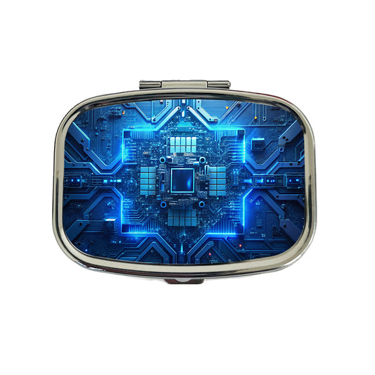 Intricate Blue Circuit Board Travel Pill Box Case