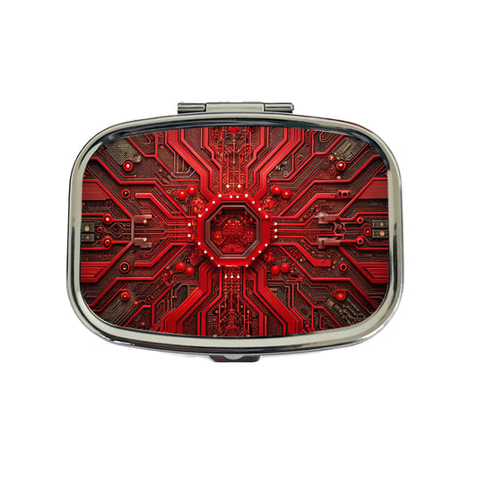 Intricate Red Circuit Board Travel Pill Box Case