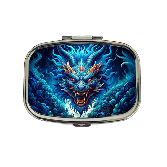 Japanese Asian Blue Spirit Dragon Art Travel Pill Box Case