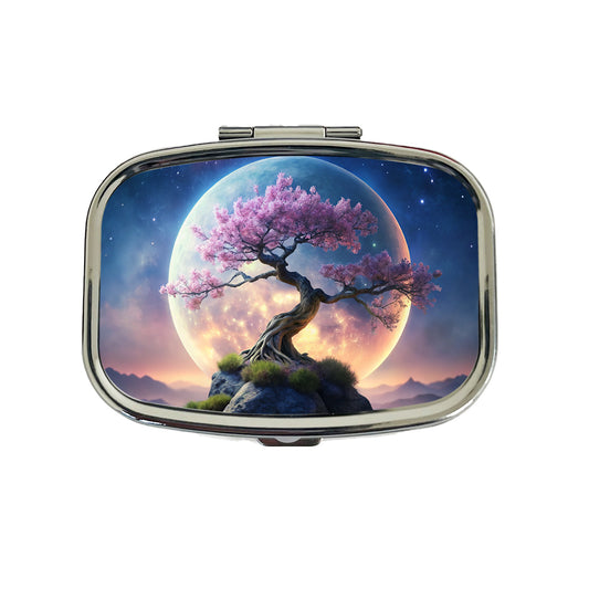 Japanese Bonsai Tree With Pink Flowers On Hill Under Large Moon Travel Pill Box Case