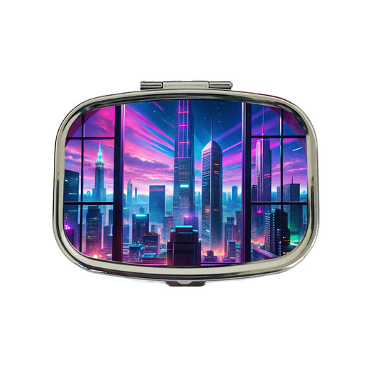 Neon Cityscape As Seen Through Skyscraper Window Purple Blue Travel Pill Box Case