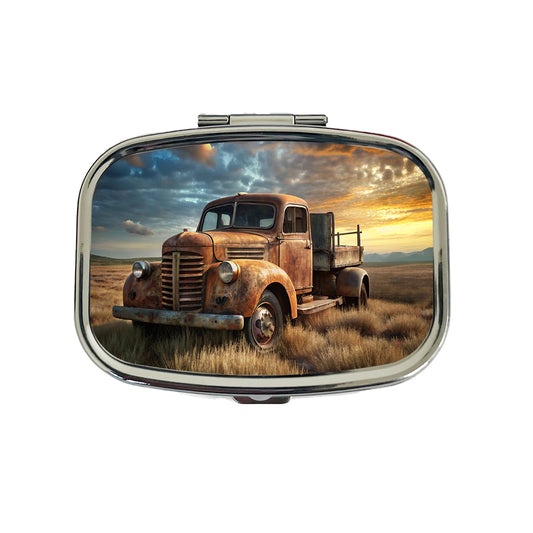 Old Rusted Retro Classic Truck Sitting In Field Travel Pill Box Case