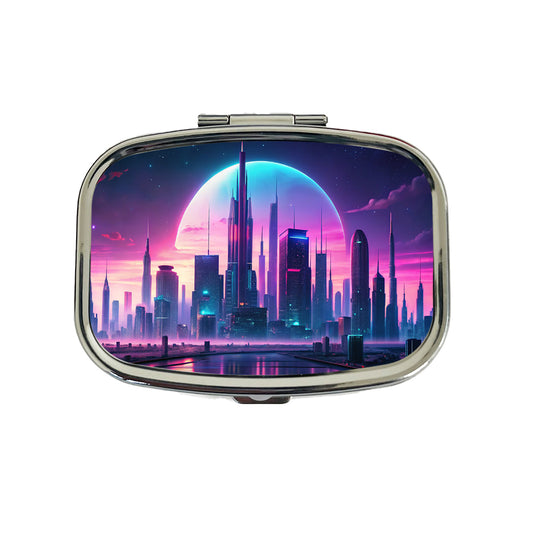 Purple Neon Sci-fi City Horizon Travel Pill Box Case