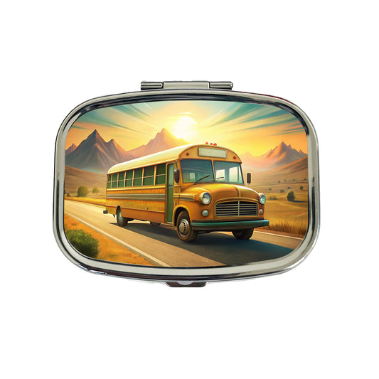 Retro School Bus On Road Travel Pill Box Case