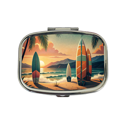Retro Surfboards On Beach Tropical Sunset Illustration Travel Pill Box Case