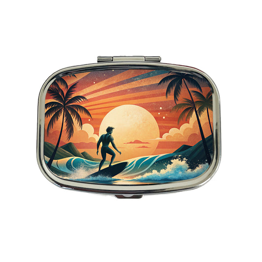 Retro Surfer Beach Tropical Sunset Illustration Travel Pill Box Case
