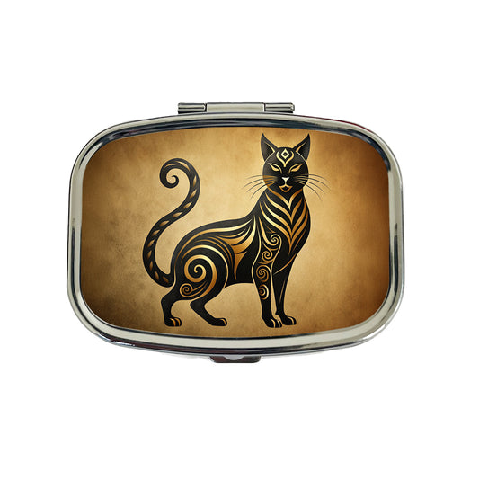 Stylized Black Cat Design Travel Pill Box Case