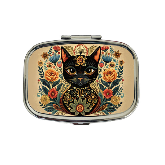 Stylized Black Cat Floral Design Travel Pill Box Case