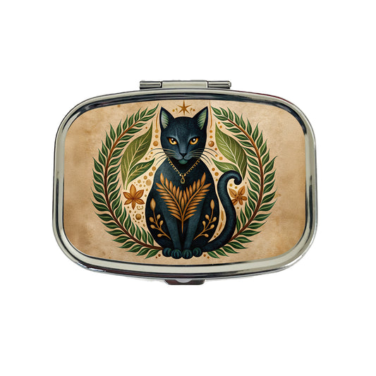 Stylized Black Cat Illustration Leaf Design Travel Pill Box Case