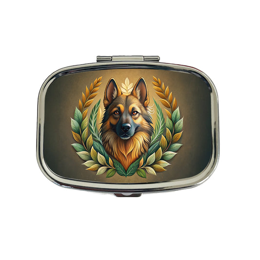 Stylized German Shepherd Illustration Leaf Design Travel Pill Box Case