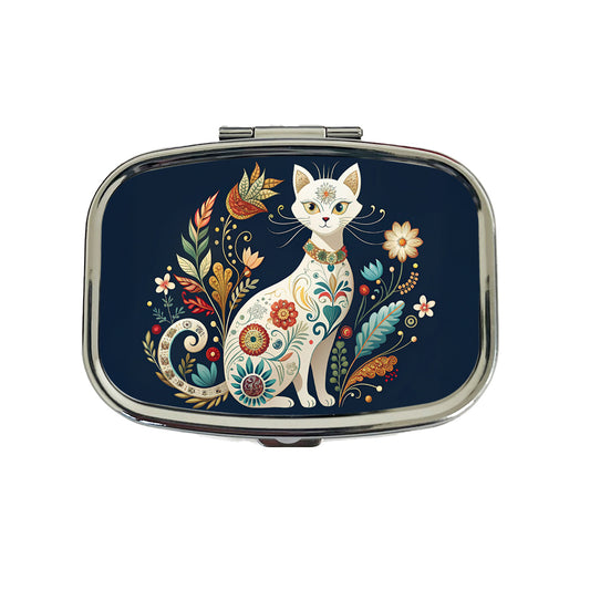 Stylized White Cat Floral Design Travel Pill Box Case