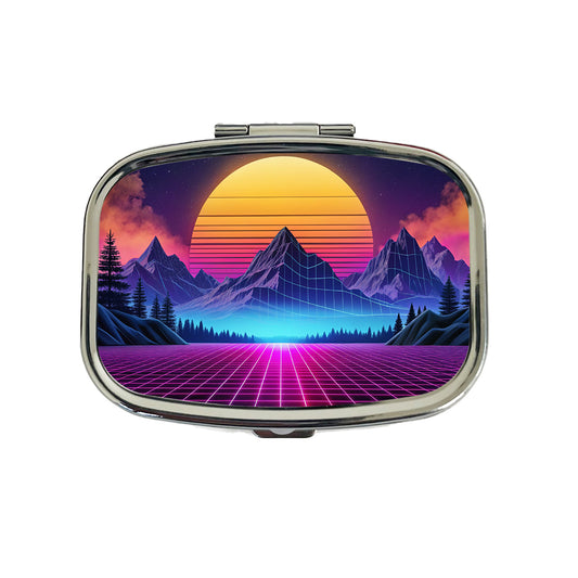 Vaporwave Retro Vector Vivid Mountain Landscape Travel Pill Box Case