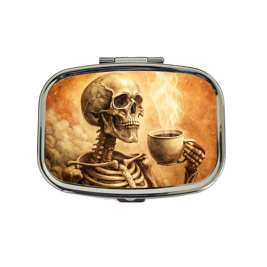 Vintage Skeleton Holding Cup Of Coffee Retro Travel Pill Box Case