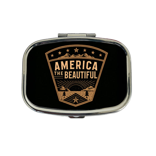 America The Beautiful United States USA Patriotic Black Tan Travel Pill Box Case