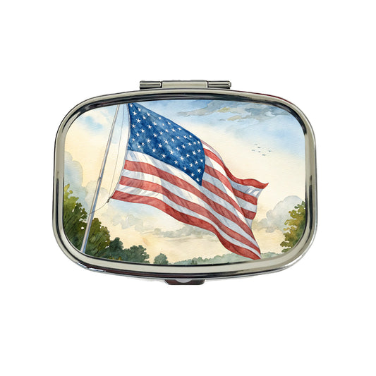 American Flag Waving Watercolor USA United States Travel Pill Box Case