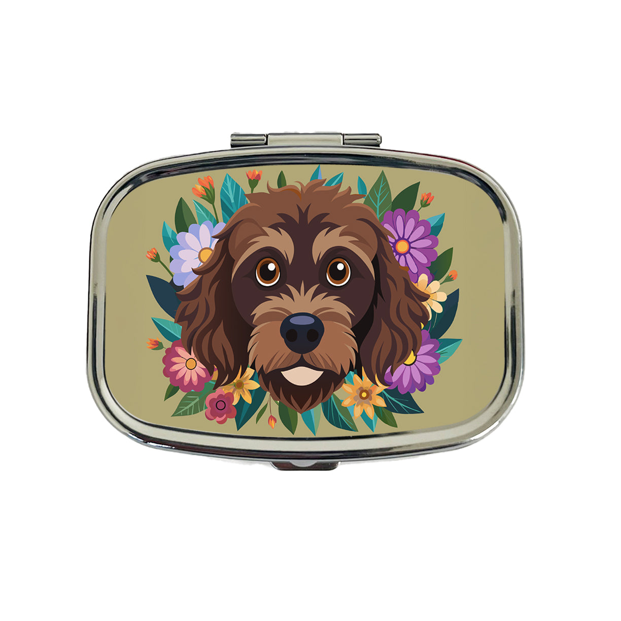 Brown Labradoodle Head Floral Motif Dog Cute Travel Pill Box Case