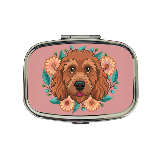 Brown Labradoodle Head Floral Motif Dog Pink Background Travel Pill Box Case