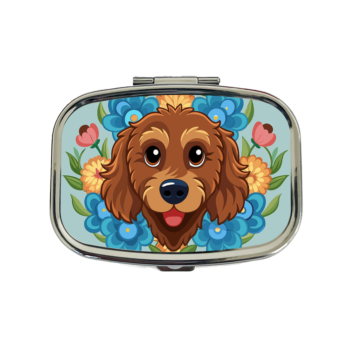 Brown Labradoodle Head Floral Motif Dog Travel Pill Box Case