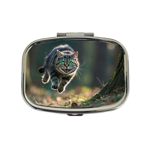 Cat Leaping Green Eyes Funny Travel Pill Box Case