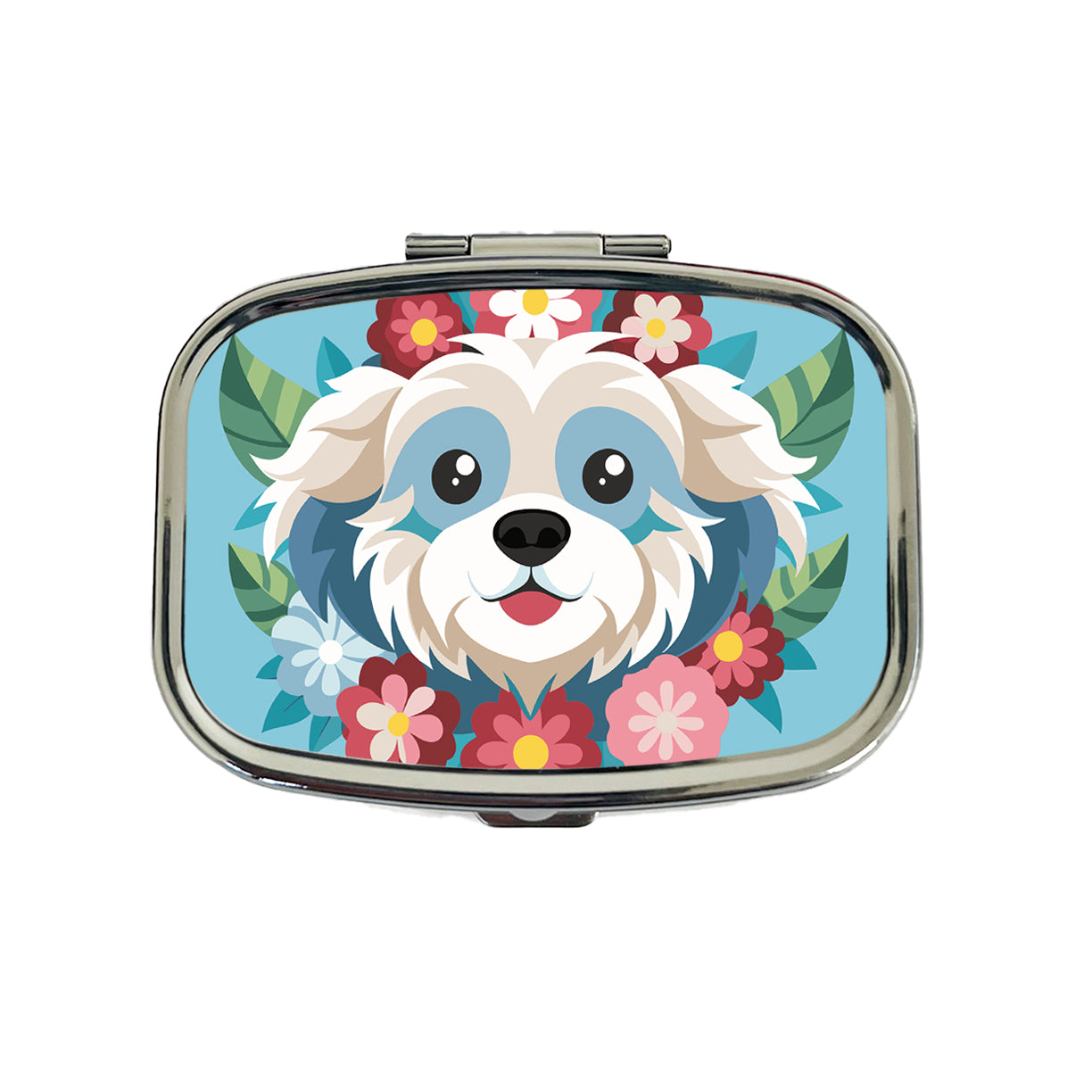 Cavachon Head Floral Dog Motif Blue Background Travel Pill Box Case