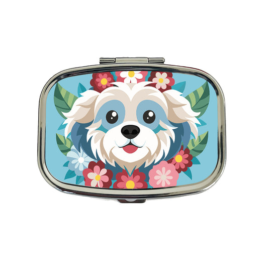 Cavachon Head Floral Dog Motif Blue Background Travel Pill Box Case