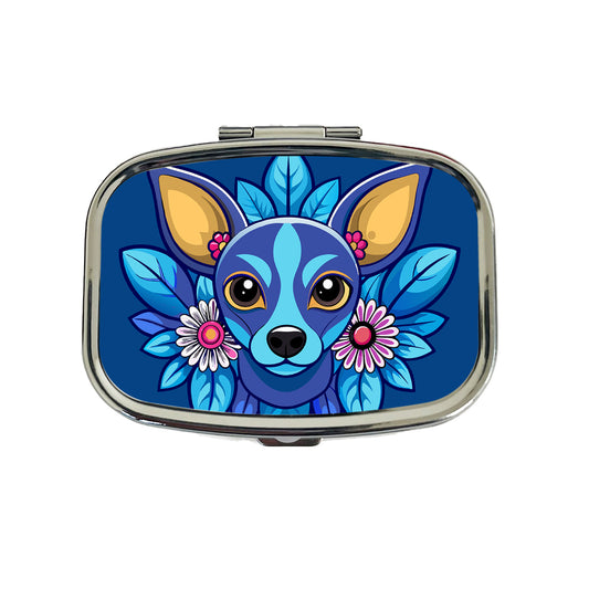 Chiweenie Head Floral Motif Blue Dog Travel Pill Box Case
