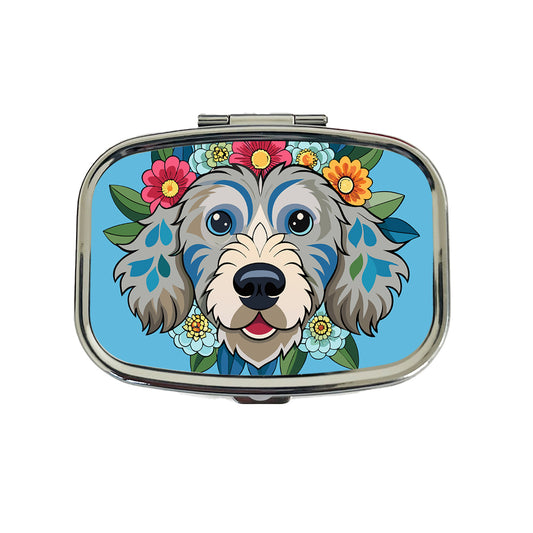 Cockapoo Head Floral Motif Light Blue Dog Travel Pill Box Case