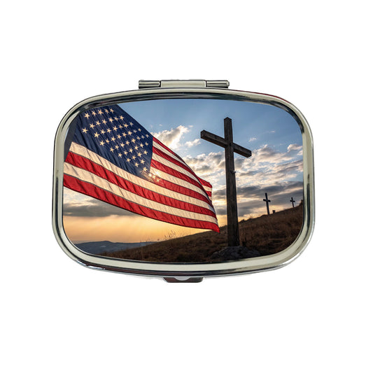 Cross Over American Flag USA United States Religious Travel Pill Box Case