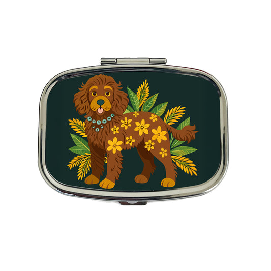 Dark Brown Golden Doodle Floral Motif Green Dog Travel Pill Box Case