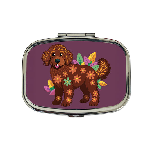 Dark Brown Golden Doodle Floral Motif Purple Dog Travel Pill Box Case