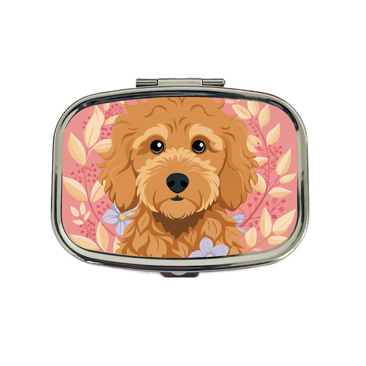 Golden Doodle Brown Head Floral Motif Pink Dog Travel Pill Box Case