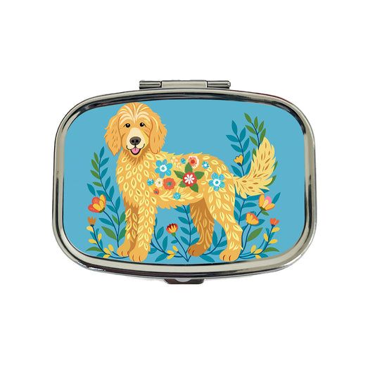 Golden Doodle Floral Motif Blue Dog Travel Pill Box Case