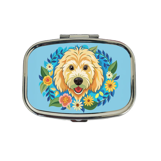 Golden Doodle Head Floral Motif Blue Background Dog Travel Pill Box Case