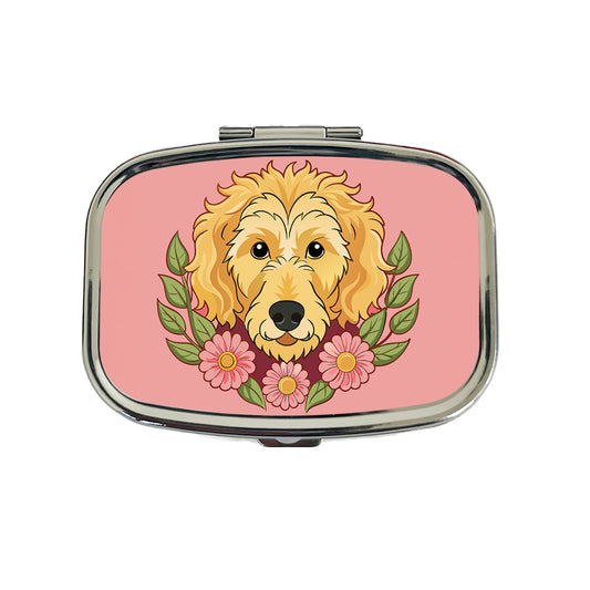 Golden Doodle Head Floral Motif Pink Dog Travel Pill Box Case