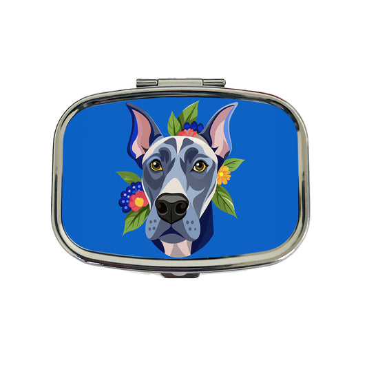 Great Dane Head Floral Motif Blue Dog Travel Pill Box Case