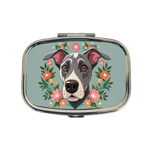 Great Dane Head Floral Motif Gray Dog Travel Pill Box Case